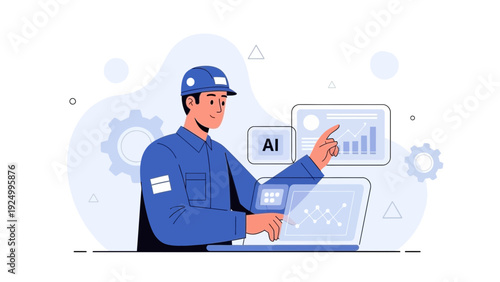 Engineer using AI for data analysis with charts and graphs on screens