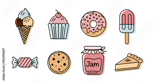 Cute vector illustration of delicious sweet treats and desserts.