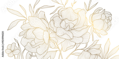 Luxury floral pattern, elegant gold line peony flowers and leaves background. Vector illustration Art Deco, Nouveau, Japanese ornament, romantic, vintage aesthetic for wedding card, tea packaging