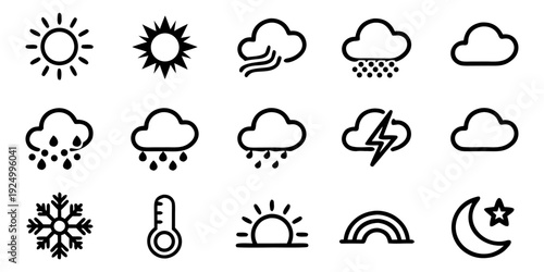 Weather icon set with sunny, cloudy, partly cloudy, rainy, storm, snowflake, wind, fog, temperature high, temperature low, sunrise symbols for UI apps. thin line app web icon set.