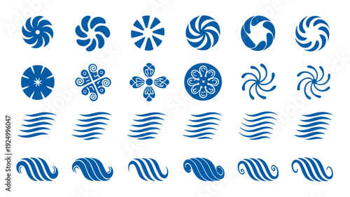 Wind & Air Flow Logo Icon set. Flat minimalistic blue icons of swirl lines, breeze curves, motion streaks, and circular emblems vector silhouette