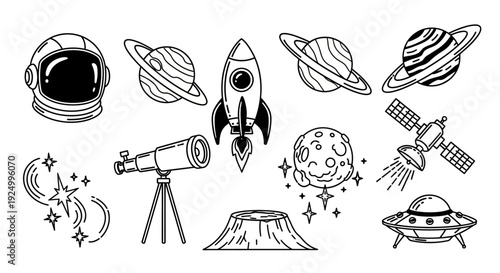 Space Exploration Doodles Collection: Astronaut, Planets, Rocket, and More.