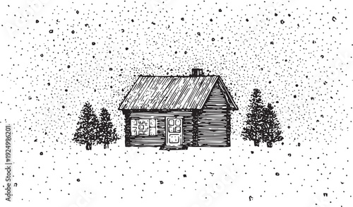 Black and white of a log cabin in a snowy landscape