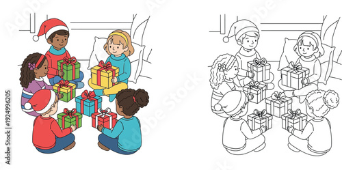 Diverse children sitting in a circle exchanging Christmas gifts, vector illustration set featuring a colorful scene and a black and white coloring page outline for kids activity.