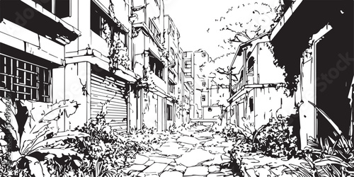 Black and white of an overgrown alleyway with buildings