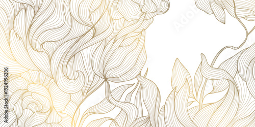 Luxury floral pattern, elegant gold line peony flowers and leaves background. Vector illustration Art Deco, Nouveau, Japanese ornament, romantic, vintage aesthetic for wedding card, tea packaging
