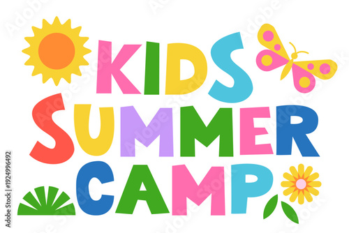 Kids summer camp lettering. Vector illustration. Design elements for banner, poster, flyer, print, invitation, sticker