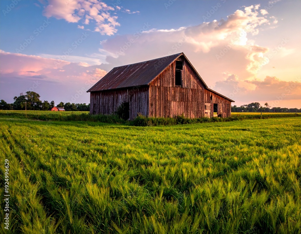 Obraz premium Rustic Barn Standing Proudly in a Lush Green Field Under a Colorful Sunset Sky.