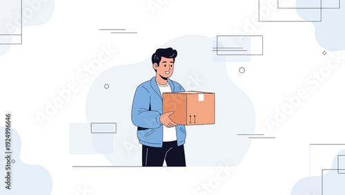 Man Holding Cardboard Box, Delivery Service, E-commerce Package Shipping