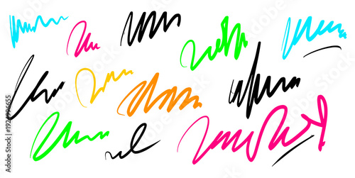 Hand drawn text pen scribble set. Pen scribble abstract texture calligraphy. Handwriting text sign, messy charcoal squiggle brush. Grunge curly marker