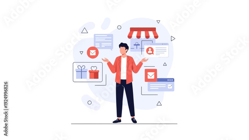 Man juggling online business tasks, e-commerce, marketing, and customer service