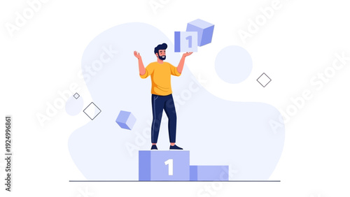 Man on Podium Holding Number 1 Cubes - Business Success and Achievement Concept