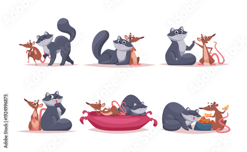 Mouse and cat. friendship of little kitten and rat or mouse. vector cartoon characters