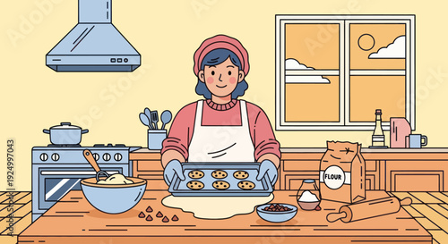 A smiling woman holding a tray of freshly baked chocolate chip cookies in a cozy kitchen.
