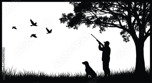 Hunter standing under tree with dog shooting at flying birds, silhouette of hunting scene in meadow during sunrise or sunset, outdoor adventure.