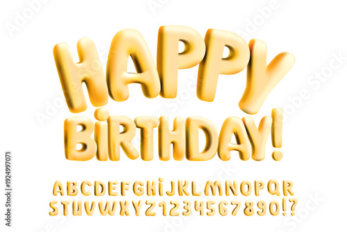 3D inflated golden font, holographic metal bubble letters, foil balloon numbers. Glossy iridescent typography, plump round shapes. Fun festive party design for birthday poster, cool baby cute Y2K text