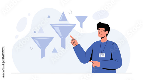 Man points at funnel icons, data filtering and analysis concept illustration