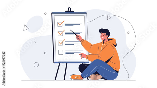 Man points at checklist on whiteboard, planning, tasks, goal achievement