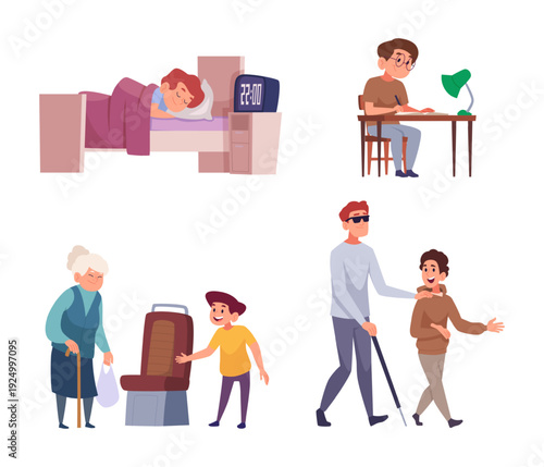 Kids helping. Well behaved little characters helping parents or adults exact vector cartoon people