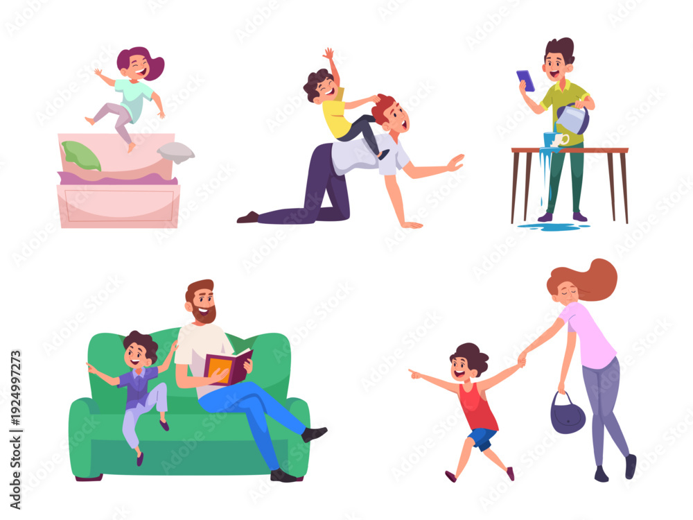 Fototapeta premium Kids hyperactive. Concept csenes with active playing children impulsivity inattention adhd problems exact vector template