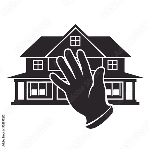 A hand reaching out towards a stylized illustration of a suburban home. isolated on white background, Vector, illustration