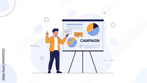 Man presenting marketing campaign with pie charts on a whiteboard