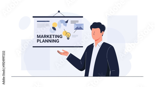 Man Presenting Marketing Planning Strategy on Whiteboard, Business Concept