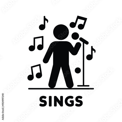 A person singing into a microphone surrounded by musical notes isolated on white background, Vector, illustration