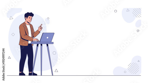 Man presenting online with laptop at a stand, modern flat illustration