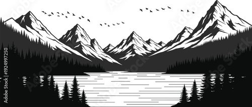 Black and white mountain range vector illustration with serene lake, pine tree forest, flying birds, and majestic peaks for adventure.