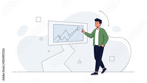 Man presenting upward trending graph on screen, business growth concept