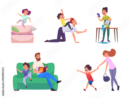 Kids hyperactive. Concept csenes with active playing children impulsivity inattention adhd problems exact vector template