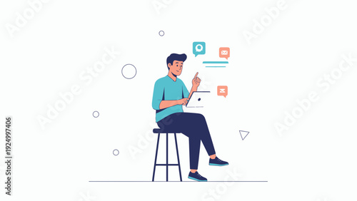 Man sitting on stool with laptop, pointing finger, communication icons