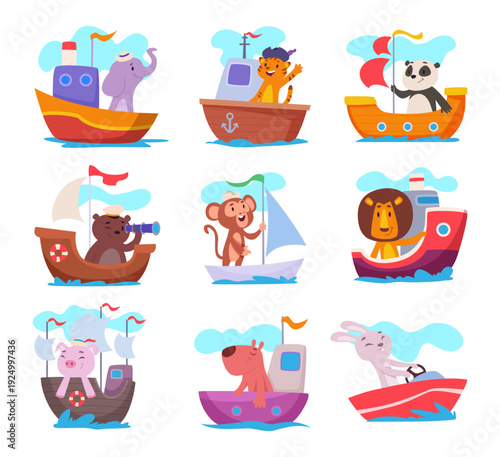 Animals on yacht. Kids little animals and boating exact vector ocean adventure pictures