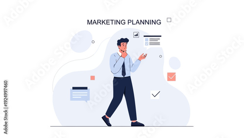 Man thinking about marketing strategy, planning business growth, analytics, data, abstract background