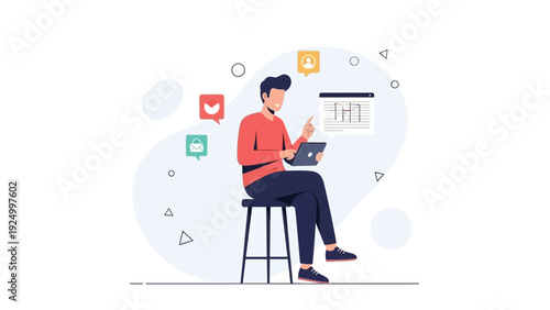 Man Using Tablet with Social Media Icons and Online Interface