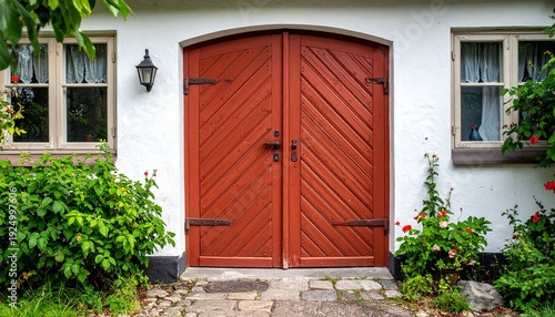 Rustic Wooden Doorway with Windows and Lush Greenery in a White Building.