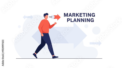 Man Walking Towards Marketing Planning Strategy with Arrows