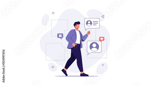 Man Walking with Social Media Notifications and Profile Icons