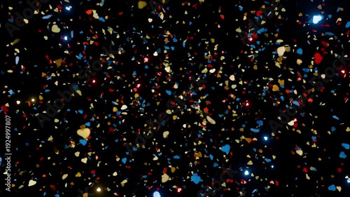 Colorful fireworks of colored confetti explodes on a black background, animation of the explosion and fall of confetti in 4K format, 3D animation frames, confetti bomb effect from the inside