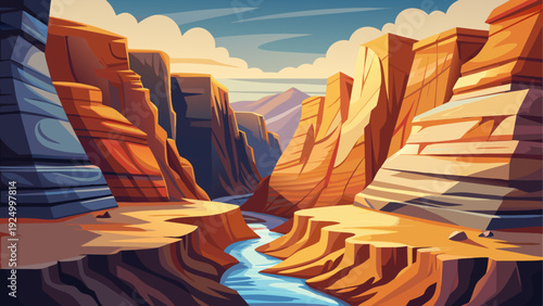 A deep canyon valley with layered rock walls and natural ground formations a winding path runs through the canyon floor distant cliffs create strong depth clean minimal vector illustration flat design
