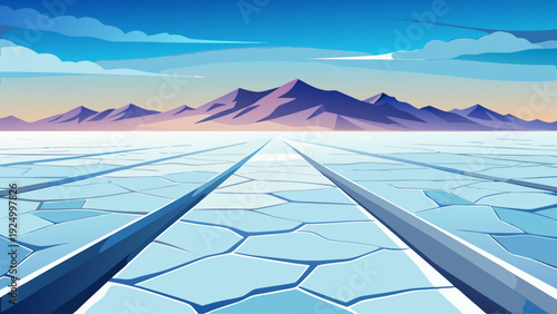A vast white salt flat stretching endlessly toward the horizon with cracked geometric ground patterns a distant low mountain range creates depth clear open sky and empty natural space clean minimal