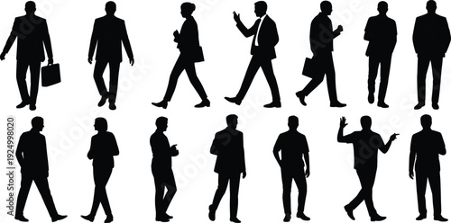 Collection of business people silhouettes in different walking and standing poses, professional office workers illustration for corporate branding, marketing 