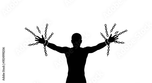 Silhouette of a man breaking metal chains from his wrists representing freedom and liberation
