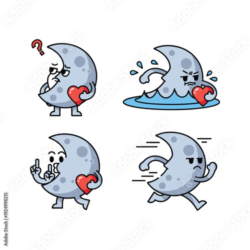 Cute cartoon moon character in different emotional states with heart