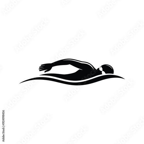 Elegant black and white silhouette of a swimmer gliding through water isolated on white background, Vector, illustration