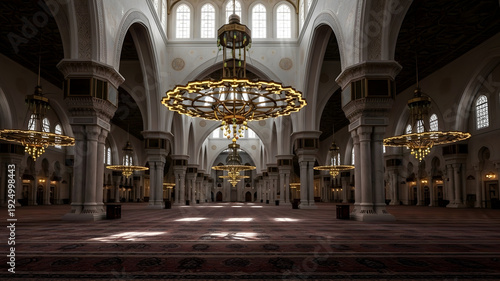 Majestic Mosque Interior Golden Chandeliers Arches Pillars Ornate Carpet Serene Worship Space