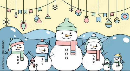 A cheerful snowman family celebrates a winter holiday with festive decorations.