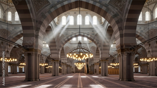 Grand mosque prayer hall bathed in ethereal light showcasing intricate Islamic design