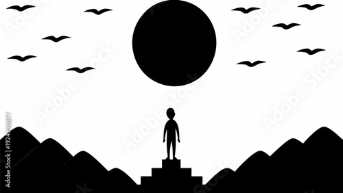 Silhouette of a person standing on stairs looking at a large moon with birds flying